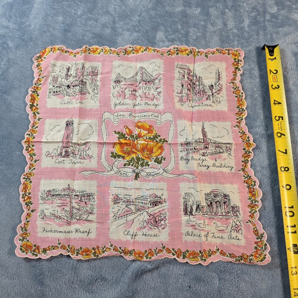 Vintage 1950s San Francisco Souvenir Hankie Pink Golden Gate Cable Car Poppies